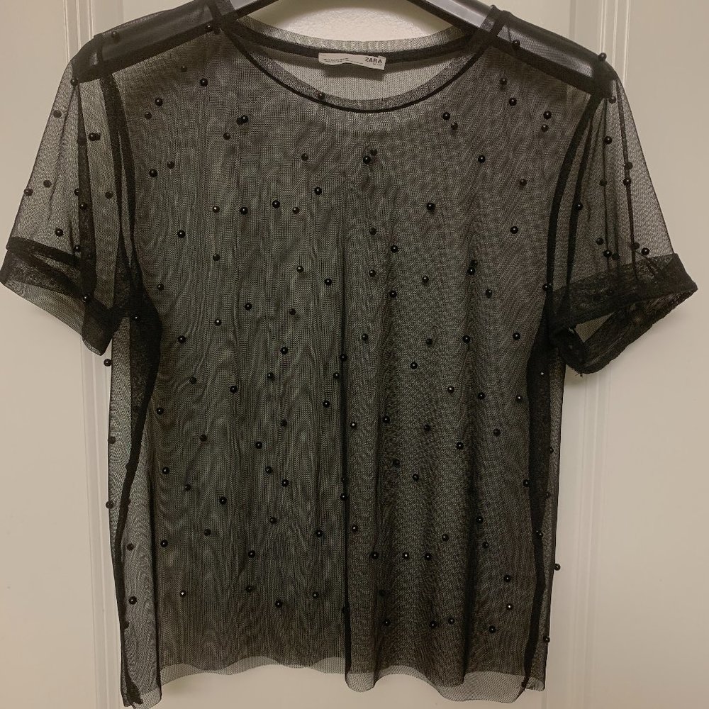 Zara pearl embellished black sheer t shirt M
